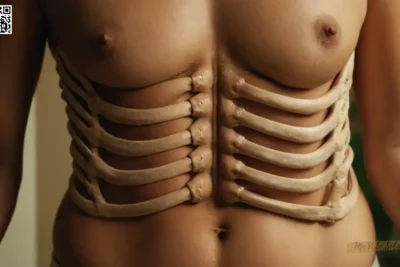 Depict a person with prominent ribcage in close-up shot showcasing hidden abdominal rolls.