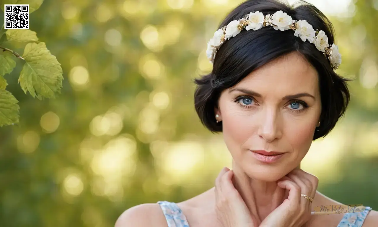 Una fotografía de retrato representa a una mujer de mediana edad con ojos azules serenas y pelo oscuro corto adornado por una elegante pulsera floral. Su intensa expresión exuda tanto la fuerza como la vulnerabilidad mientras mira fuera de cámara mientras sostiene las manos juntas ligeramente. La perspectiva de bajo ángulo enfatiza su presencia poderosa, destacando líneas intrincadas en manos templadas contra la luz dorada suave filtrando a través de hojas arriba.