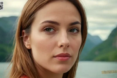 Un retrato fotorrealista captura una expresión intrigante de una mujer cuyo rostro se mezcla perfectamente con un espejo de paisaje que refleja sus características contra aguas sutiles ondas bajo colores vibrantes.