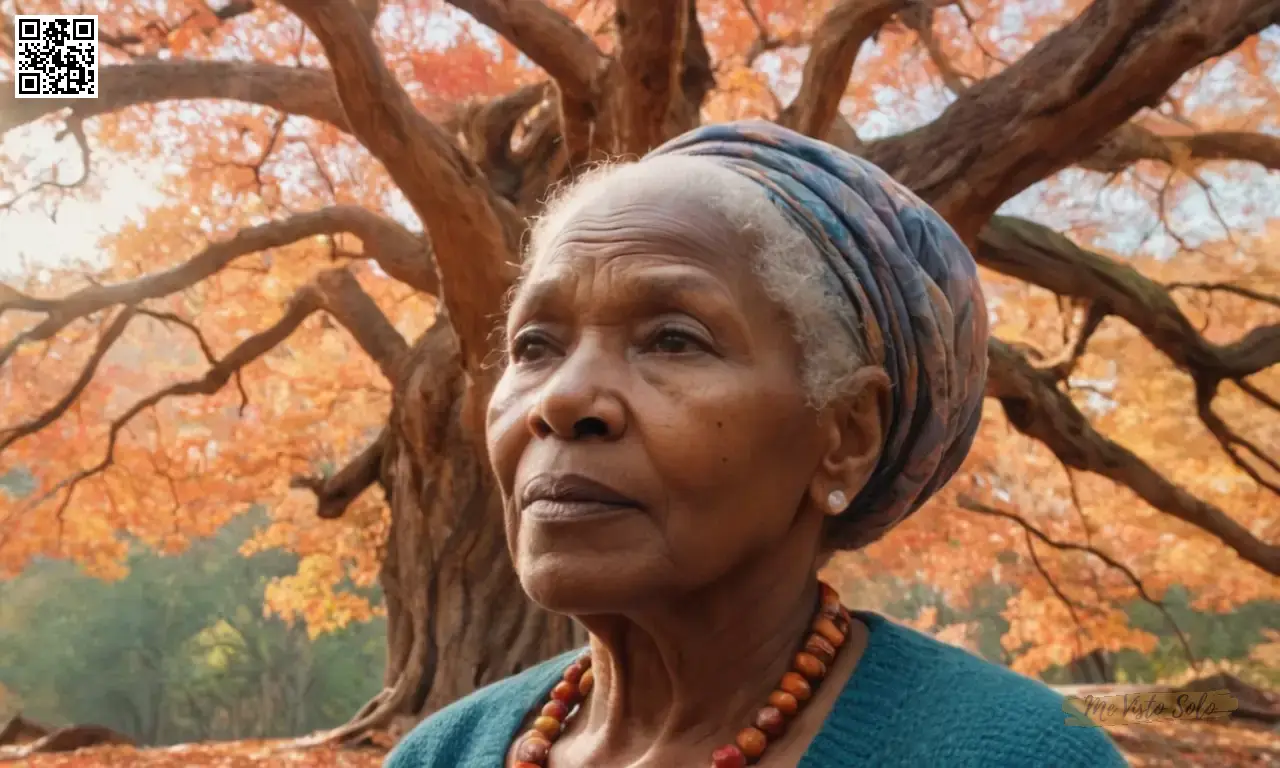 Una fotografía retrata a una anciana mujer negra, su cara un espejo para el alma en medio del caos agitado. Filtros de luz solar a través de nubes brillantes y raíces de árboles antiguos sobre su cabeza desde un ángulo oblicuo. Los rojos vibrantes y las naranjas del follaje de otoño contrastan con los pasteles frescos en pinceladas acuarelas que insinúan ciclos de vida, una tapicería visual que refleja tanto la belleza fugaz como la resistencia duradera dentro de una persona.