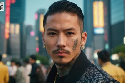 Una foto de retrato captura a un swagger de moda con características afiladas y tatuajes faciales intrincados contra un vibrante paisaje urbano de Tokio.