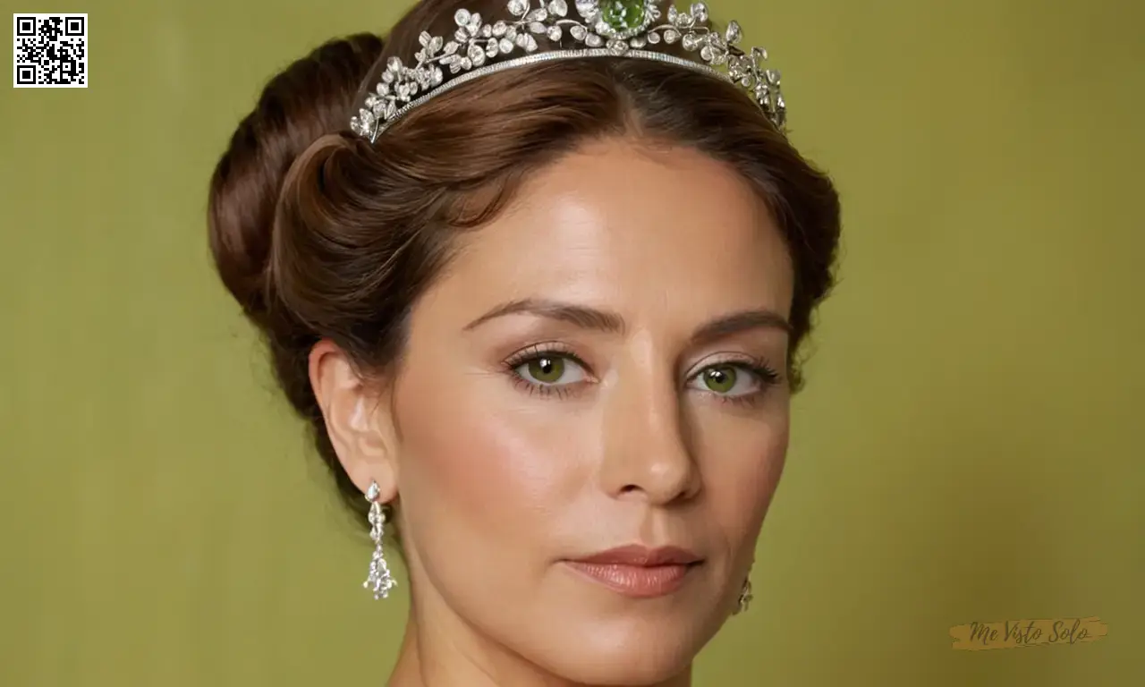 Una cámara de película vintage captura a una mujer latinoamericana de 45 años con ojos verdes cautivantes y pelo castaño ondulado, su elegante updo adornado con delicada tiara de plata.