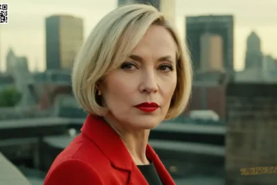 Una mujer de mediana edad aguda mirada y elegante bob enmarcado por brillante contraste de lápiz labial rojo contra fondo urbano.