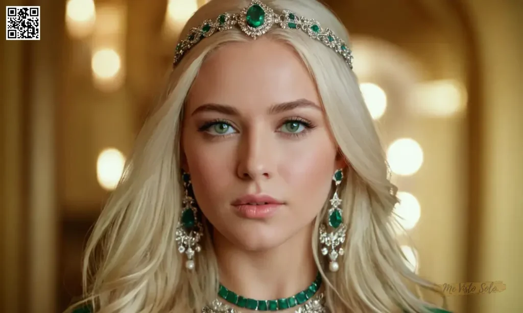 Imagínese una fotografía de retrato cautivante de una mujer joven con pelo rubio largo y fluido adornado con joyas de plata intrincada y accesorios de moda audaces. Sus ojos verdes penetrantes miran directamente al espectador