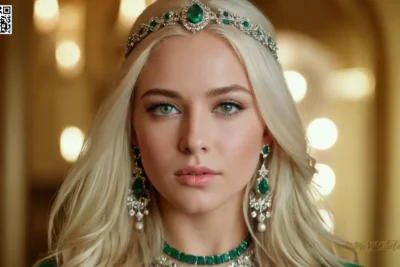 Imagínese una fotografía de retrato cautivante de una mujer joven con pelo rubio largo y fluido adornado con joyas de plata intrincada y accesorios de moda audaces. Sus ojos verdes penetrantes miran directamente al espectador