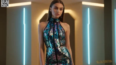 Un modelo de moda encarna un vestido vanguardista con patrones geométricos y colores iridiscentes