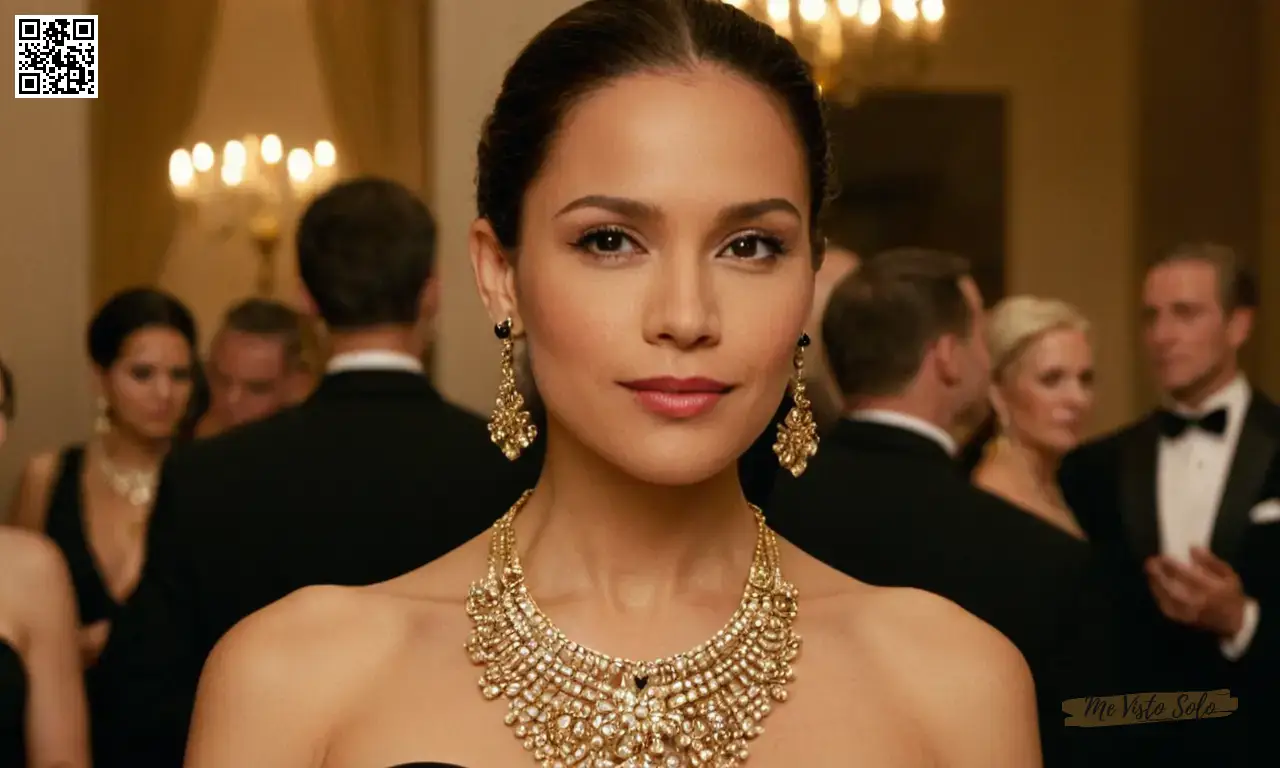 Una mujer poizada con un vestido de noche negro elegante y joyas de oro intrincadas en un evento elegante.