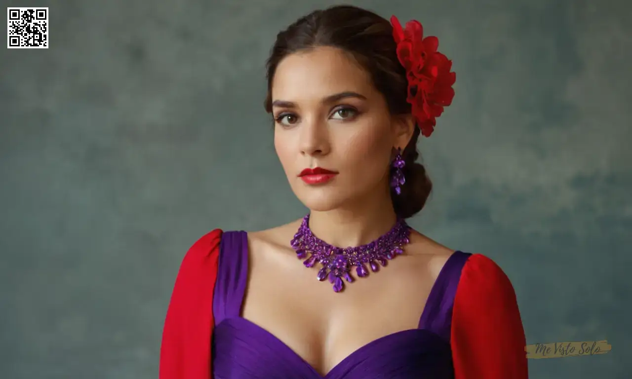 Un retrato fotográfico captura a las mujeres intensa mirada y vibrante vestido violeta con accesorios rojos fluyentes para representar una paleta de colores audaz.