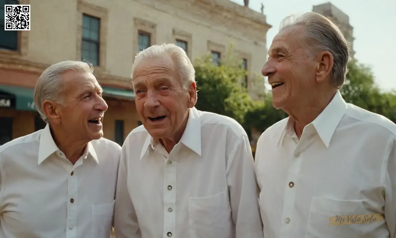 Visualiza un retrato superrealista con tres ancianos vestidos con camisas blancas crujientes adornadas con botones ornamentados en el escote. Sus caras templadas, con los pies de cuervo y las líneas de risa, transmiten sabiduría mientras miran hacia la distancia de ligeramente por debajo del nivel de los ojos. El telón de fondo combina elementos modernos — arquitectura urbana silueta contra los gradientes del cielo— y sombras suaves de luz bailando a través de sus características, evocando la relajación mientras insinúa la complejidad en esta imagen cautivadora que fusiona perfectamente el hiperrealismo y las técnicas de pintura impresionista.