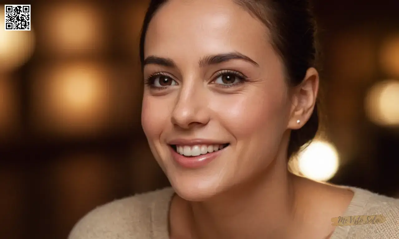 Retrato de fotos autentic candid captura mujer con ojos oscuros cálidos y pliegues faciales suaves de la sonrisa.