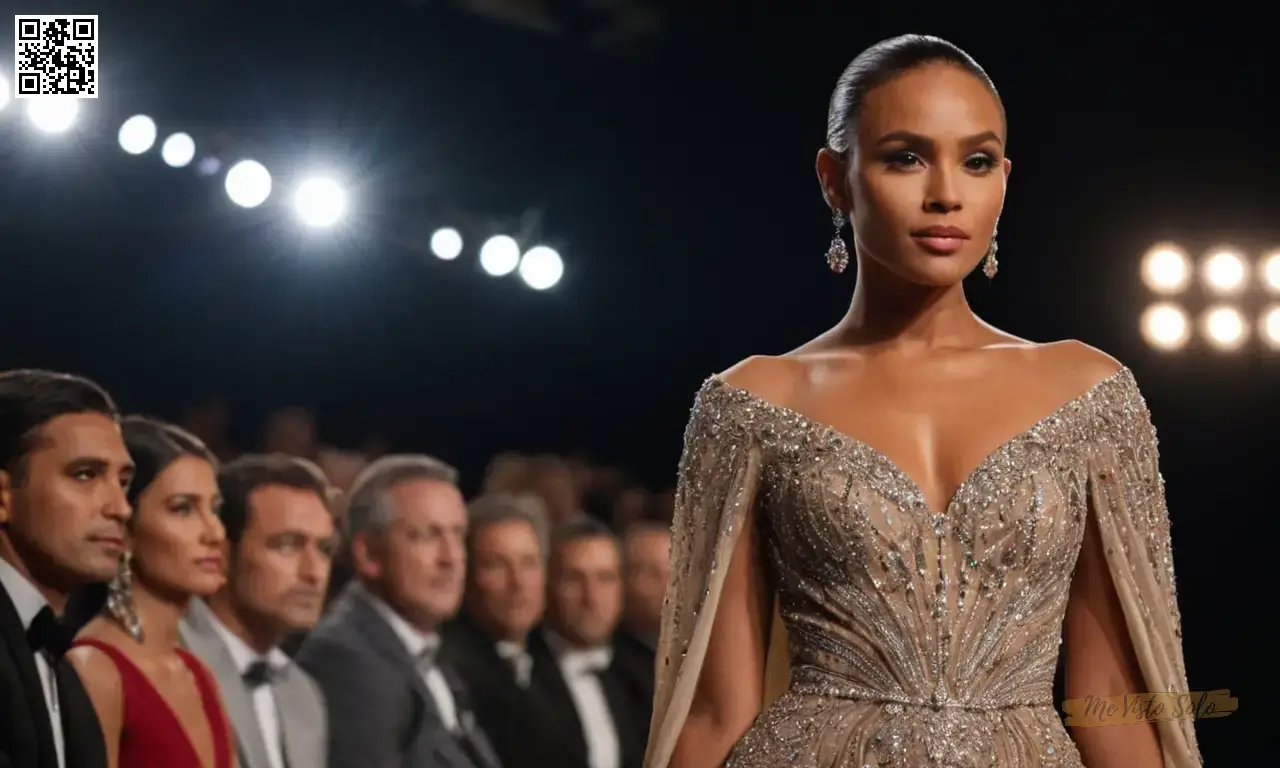 Una fotografía de retrato captura un momento de moda en la pasarela. El elegante individuo, adornado en un vestido intrincado con tela brillante que refleja luces de escenario, exuda la confianza y el alusión ya que representan para la admiración del público sentado ante ellos. Su expresión transmite tanto la asertividad como la gracia, mientras que su atuendo enfatiza cada detalle de la bata —su delicada textura y su abadía— creando una conexión íntima entre el espectador y el sujeto.