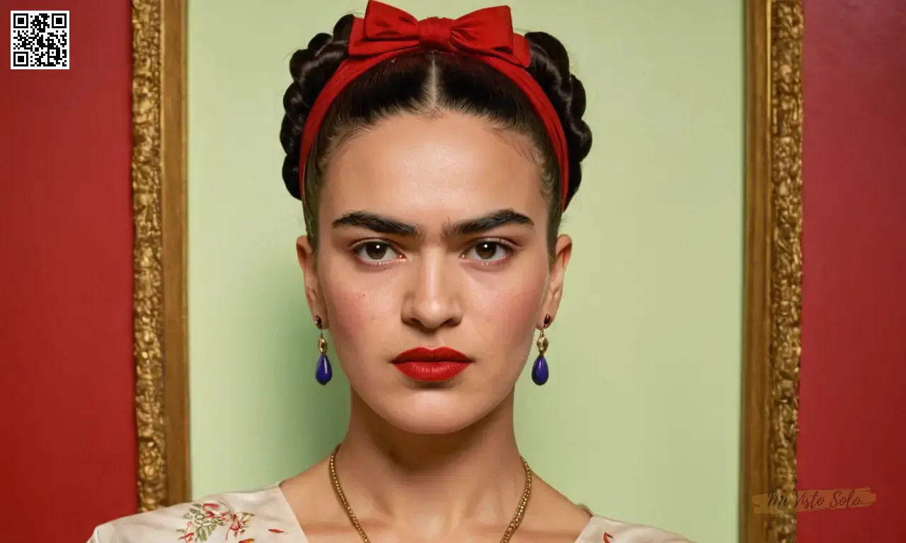 Un retrato fotorrealista captura la esencia enigmática de Frida Kahlo con sus ojos icónicos y penetrantes, enmarcados por ricos labios rojos pintados de una manera simbólica que contrasta vívidamente contra delicada piel porcelana.