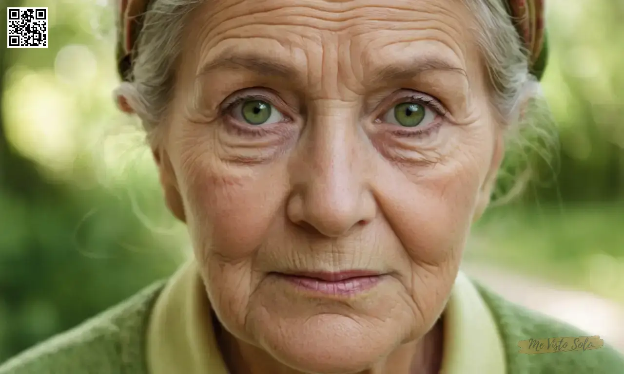 Un retrato de cerca representa a una anciana con arrugas profundas y ojos verdes serenas, transmitiendo sabiduría a través de su expresión. En el fondo, mezcla sutilmente elementos de diversos paisajes naturales que simbolizan el paso de los tiempos manteniendo una paleta de colores similar a la vida para garantizar el fotorrealismo y la coherencia del contexto