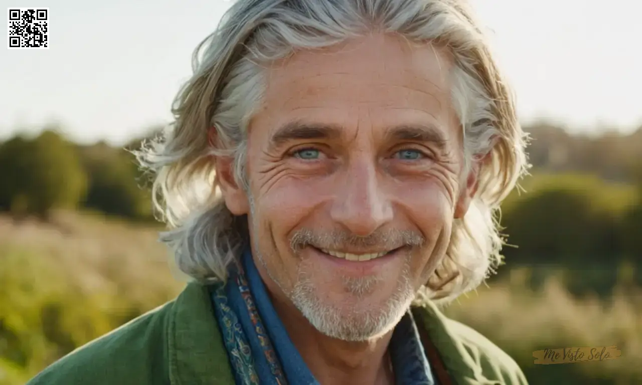 Una fotografía de retrato detallada captura un hippie carismático con pelo gris salvaje y una sonrisa encantadora, sus suaves ojos azules parecen tener siglos de cuentos. La vibrante chaqueta de lona verde refleja en la cálida luz del sol, iluminando cada pliegue sobre su superficie mientras arrojando sombras dramáticas a través de la escena - cara azuzada por el sol contra la rica textura de la ropa.