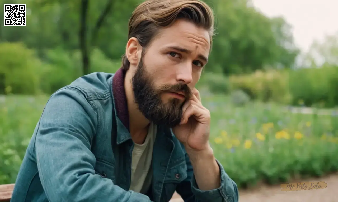 Una foto de retrato captura un hipster con una cicatriz sutil en su cara y una expresión elegante mientras se sienta en un parque vacío, destacando su barba distintiva y ropa robusta en medio de la flora vibrante.