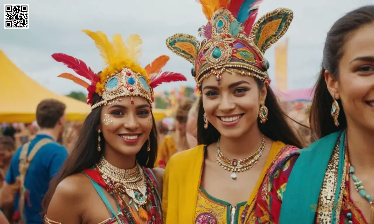 Un colorido retrato captura trajes vibrantes y máscaras animadas de varias culturas en fotos de la vida real con amigos sonrientes en un festival al aire libre.