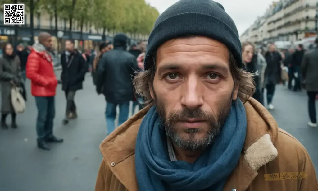 Una fotografía de retrato muestra a personas sin hogar de día moderno con estilos distintivos de moda y adornos faciales en medio de las bulliciosas calles de París.