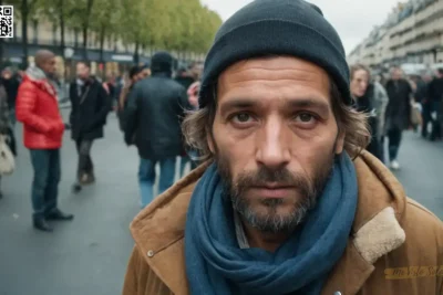 Una fotografía de retrato muestra a personas sin hogar de día moderno con estilos distintivos de moda y adornos faciales en medio de las bulliciosas calles de París.