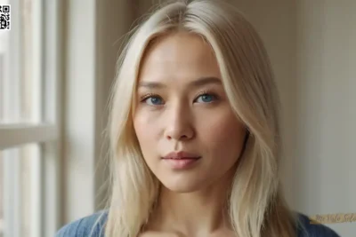 Un retrato fotorrealista de una mujer de Asia oriental con ojos azules llamativos y pelo rubio plateado