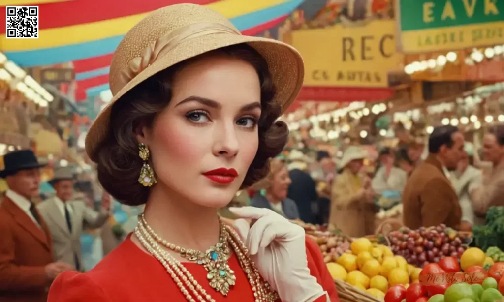 Un afiche vintage colorido que muestra a una mujer carismática vestida con elegante atuendo y vibrante maquillaje facial deportivo; el texto circundante la presenta como la figura central en medio de mercados animados.