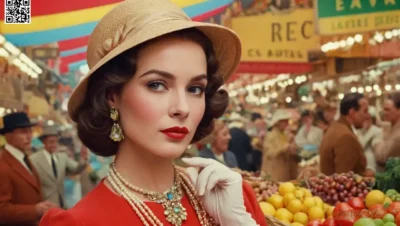 Un afiche vintage colorido que muestra a una mujer carismática vestida con elegante atuendo y vibrante maquillaje facial deportivo; el texto circundante la presenta como la figura central en medio de mercados animados.