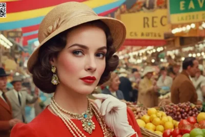 Un afiche vintage colorido que muestra a una mujer carismática vestida con elegante atuendo y vibrante maquillaje facial deportivo; el texto circundante la presenta como la figura central en medio de mercados animados.