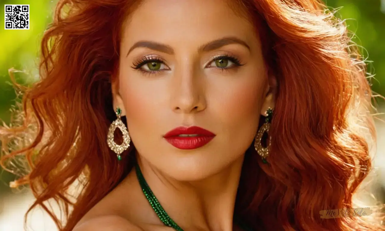 La cara serena y los ojos verdes vibrantes de América Latina cautivadora bailarina de salsa brillan a través del cabello rojo exuda elegancia con elegante atuendo, evocando una mezcla íntima de tradiciones culturales entrelazadas.