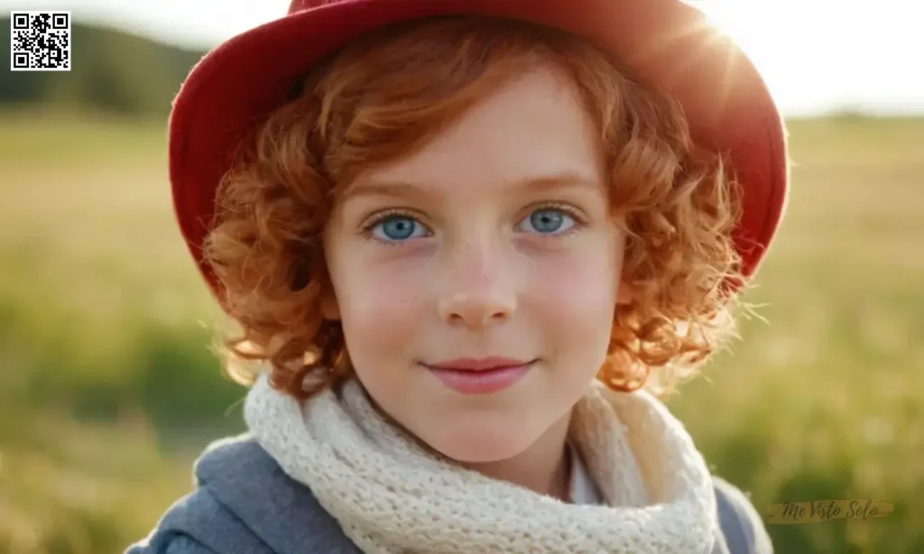 Imagínese una fotografía de retrato caliente y enérgica centrada en un rostro feliz de niños con ojos azules tímidos