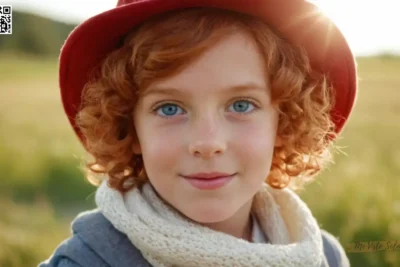 Imagínese una fotografía de retrato caliente y enérgica centrada en un rostro feliz de niños con ojos azules tímidos