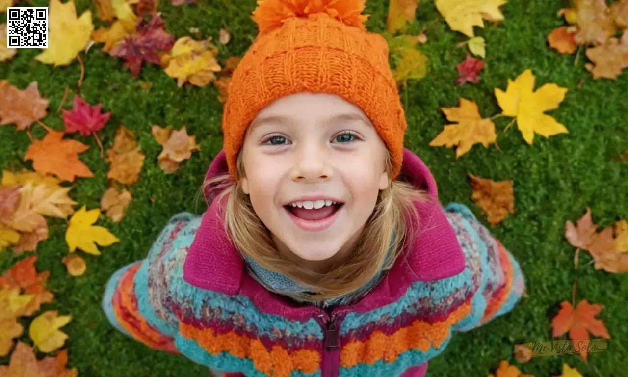 Visualiza una fotografía fotorrealista de un niño imaginativo en un atuendo otoñal adornado con hojas vibrantes y parches coloridos en medio de una vegetación exuberante, capturado de arriba mostrando su alegre expresión facial llena de emoción y asombro, en contra del aire crujiente debajo del cielo.