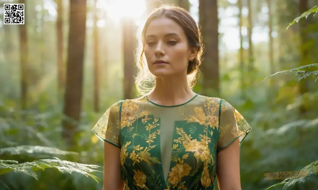 Una mujer que lleva un vestido floral verde y dorado se mezcla perfectamente con su entorno natural a través de la fotografía de doble exposición