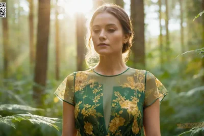 Una mujer que lleva un vestido floral verde y dorado se mezcla perfectamente con su entorno natural a través de la fotografía de doble exposición