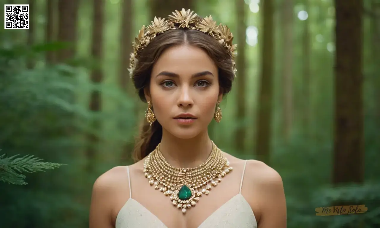 Realizar una fotografía de retrato detallada mostrando a una mujer elegante adornada en accesorios naturales en medio de un entorno forestal sereno, capturando sus ojos cautivadores y características faciales intrincadas.