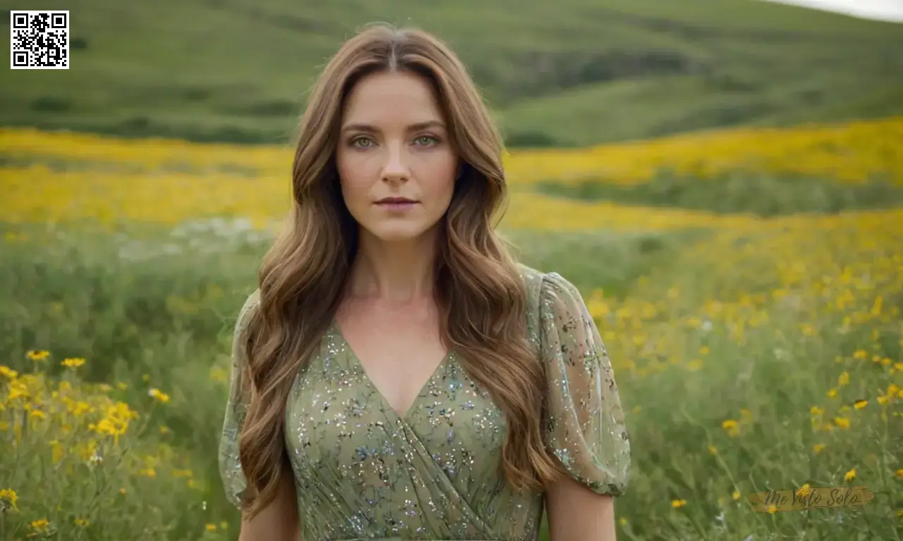 Una mujer serena en sus 30 años con pelo castaño largo y ondulado y ojos verdes suaves con un vestido tocado en la tierra adornado por flores silvestres.