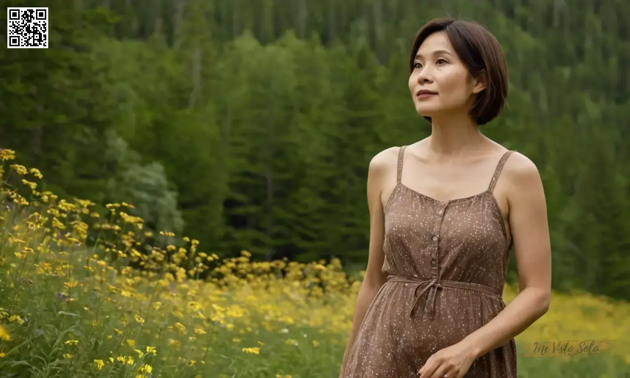 Una mujer de 35 años de edad de Asia oriental con pelo castaño corto con rayas de plata lleva un tocado de sol adornado con flores silvestres en medio de un entorno de bosque sereno, capturado desde abajo para mostrar su belleza natural y un entorno armonioso.