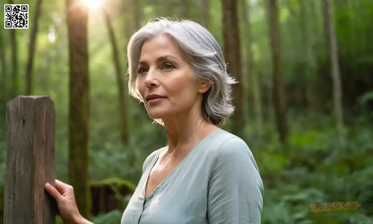 Retrato realista de la mujer de mediados de los años 40 con piel azuzada por el sol y pelo de plata barrido en medio de un letrero rústico de madera en bosque exuberante.