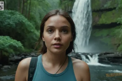 Un retrato superrealista muestra detalles intrincados sobre sus características robustas junto a un entorno natural sereno mientras navega con confianza entre cascadas y vegetación exuberante.