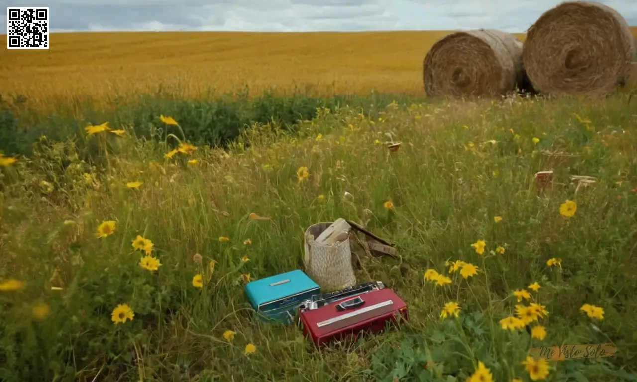 Una imagen fotorrealista mostrando accesorios como elementos clave con colores vivos y texturas perfectamente integradas en un paisaje de campos rústicos.