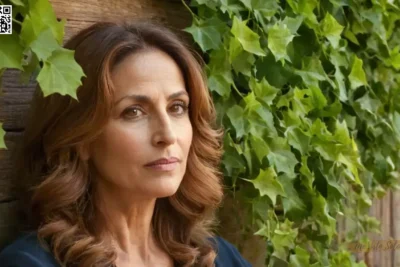 Un retrato de un smartphone captura a una mujer de 45 años de edad de Oriente Medio con cautivantes ojos de ámbar y pelo de castaño ondulado cayendo justo encima de sus hombros