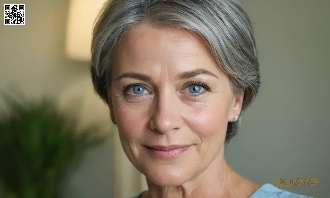 Una mujer de mediana edad con pelo gris corto y ojos azules amables muestra una foto de retrato detallada, enfatizando la profundidad y la textura de su piel; las arrugas sutiles enmarcan su sonrisa mientras que la iluminación suave arroja sombras suaves a través de su cara.