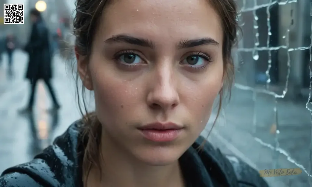 Una fotografía de retrato captura tanto la belleza como el dolor con un misterioso tema en medio de reflejos de vidrio destrozados en calles de pavimento húmedo.