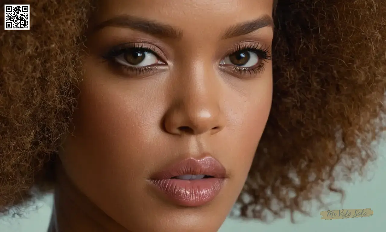 Un retrato superrealista cautivador mostrando a Rihannas mirada feroz y afro elegante en medio de un intenso cuidado de piel matizado.