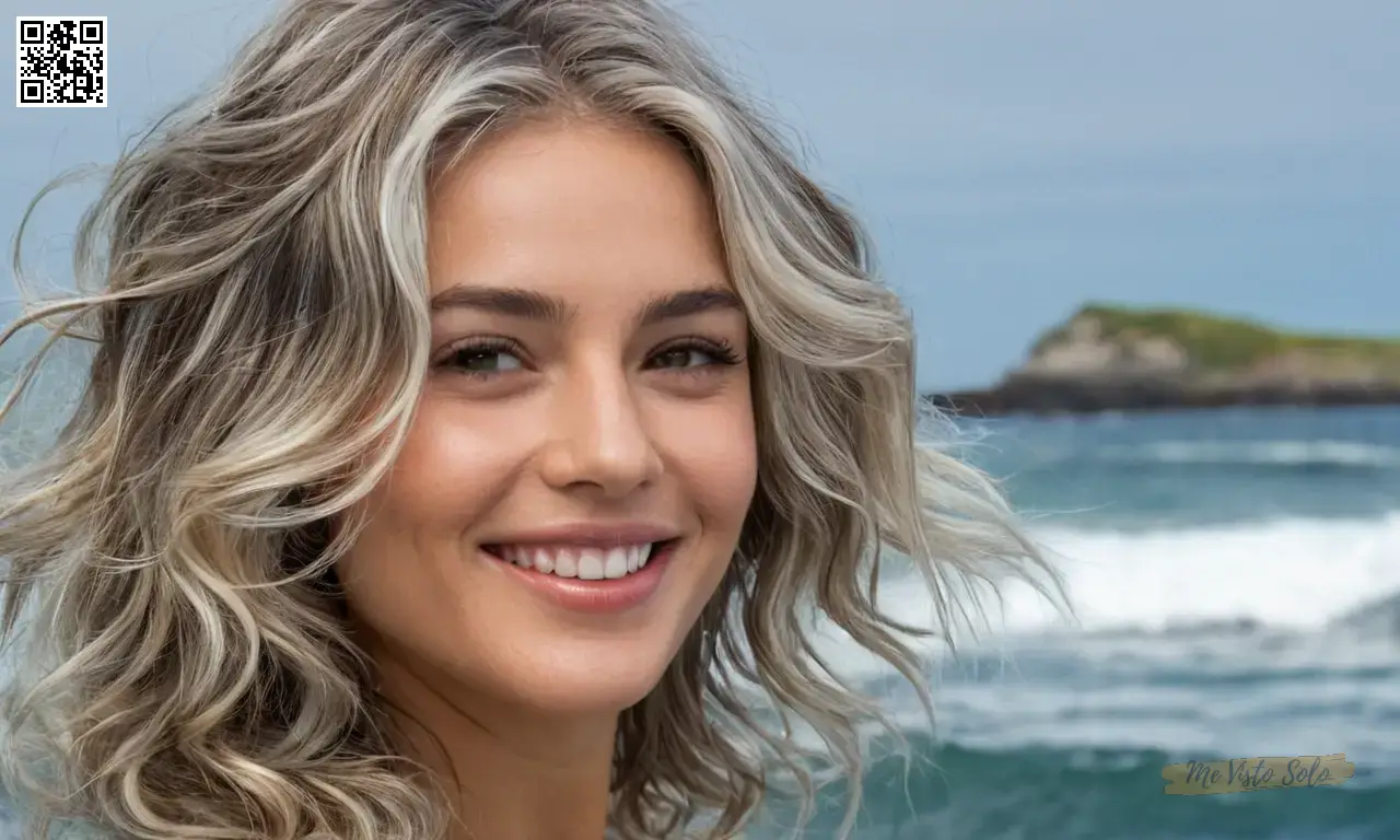 Un retrato superrealista de primer plano muestra elegante pelo plateado enmarcando una sonrisa cautivadora en medio de olas oceánicas profundas y suave paseo marítimo, inspirado en técnicas de pintura impresionistas.