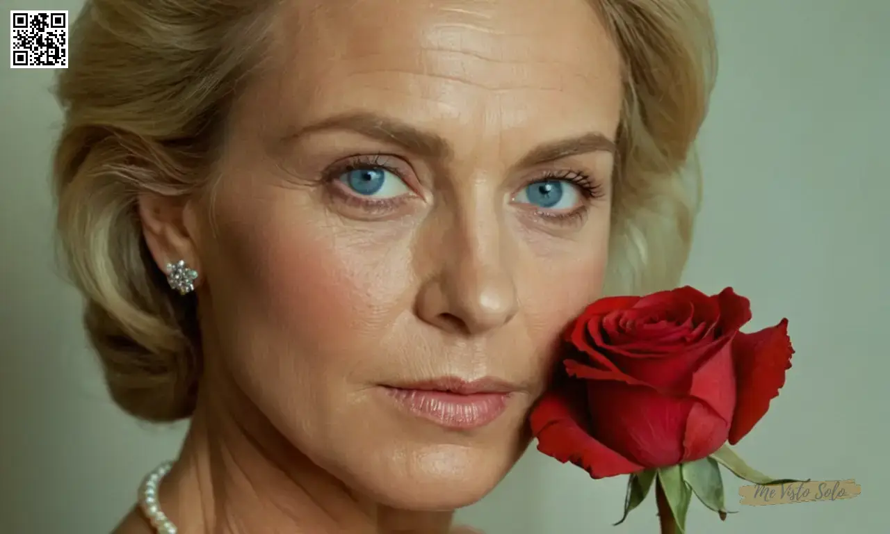 Un retrato de cerca muestra a una mujer experimentada con ojos azules intensos y pómulos definidos, sus manos arrugadas sosteniendo delicadamente una rosa. La iluminación suave arroja sombras a través de sus características.