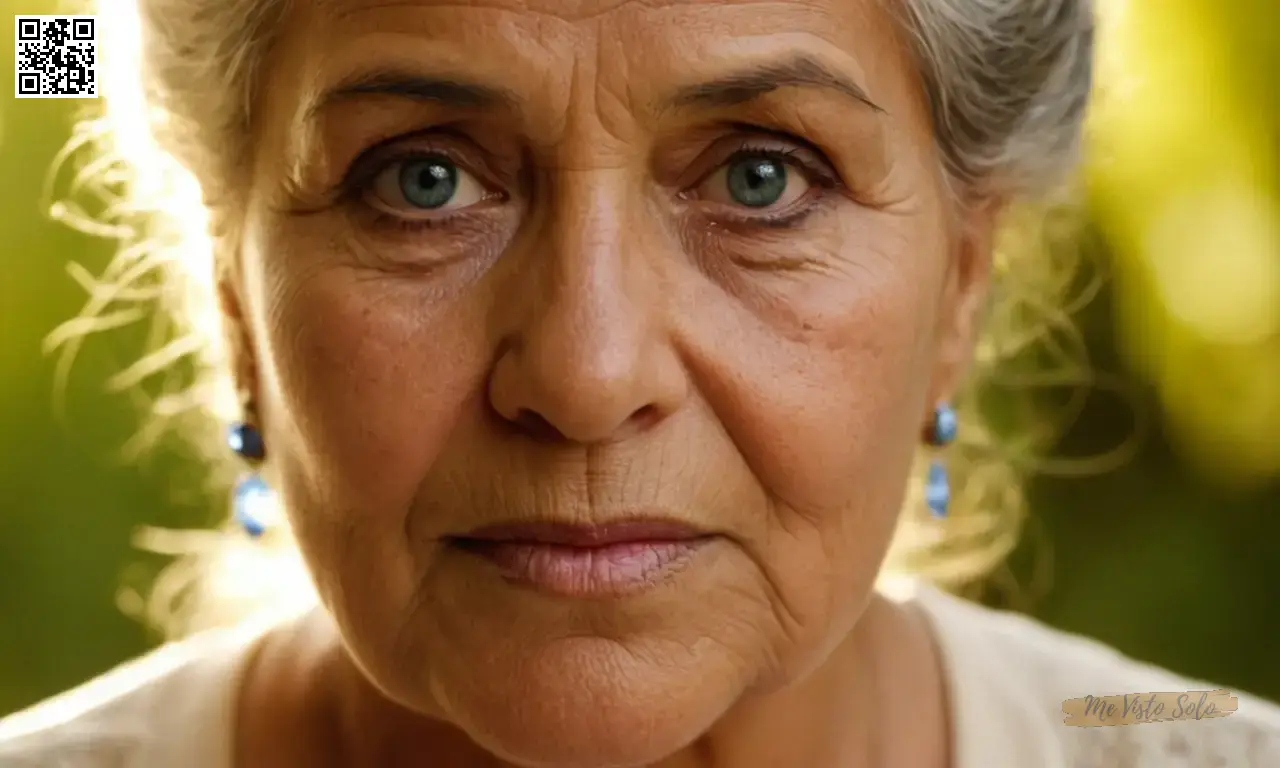 Una fotografía de retrato muestra a una anciana latinoamericana con ojos azules penetrantes bajo luz suave cálida iluminando sus delicadas características e intrincadas expresiones faciales en primer plano desde una perspectiva de visión de gusanos-ojo.