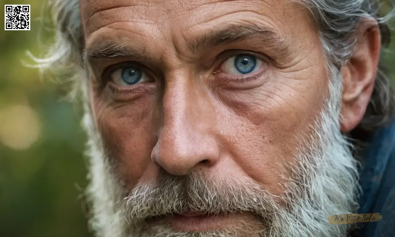 Un retrato fotográfico cautivador muestra la intensa mirada de un hombre anciano con ojos azules perforantes y un rostro climatizado. Su barba enmarca su visage como suave luz de crepúsculo lo baña en tonos cálidos, reflejando la sabiduría profunda más allá de los años de detrás de su cabeza bajo un punto elevado de vista, evocando la serenidad aún intriga.