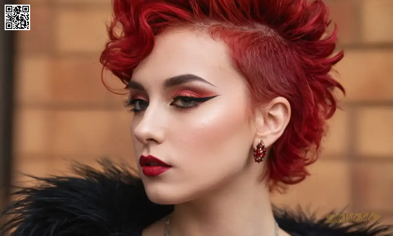 Renderizar al estilo extremo y expresionista del glamour punk, con elementos como rizos teñidos en tonos acero rojo eléctro, maquillaje dramático de arcos almidonados y láseres y neóns brillantes, bajo un sol abrasador.