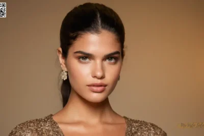 Un retrato de la modelo portuguesa Sara Sampaio de pie de 57 (170 cm) con una iluminación suave y cálida jugando de sus características llamativas.