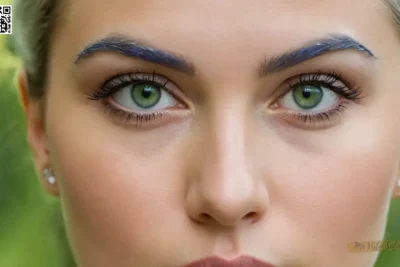 Un dramático retrato de alta definición que revela un detalle intrincado: cejas de plata que enmarcan ojos verdes intensos y labios azules suaves ligeramente separados en sorpresa o intriga mientras miran a la distancia.