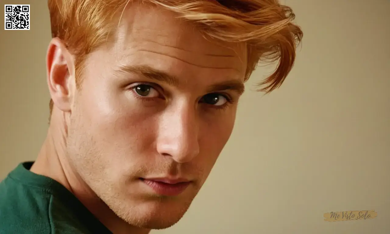 Depict a man with vibrant red and rubia hair in their youth through photorealistic digital pintura techniques, highlighting individual hairs textura against anging backdrop.